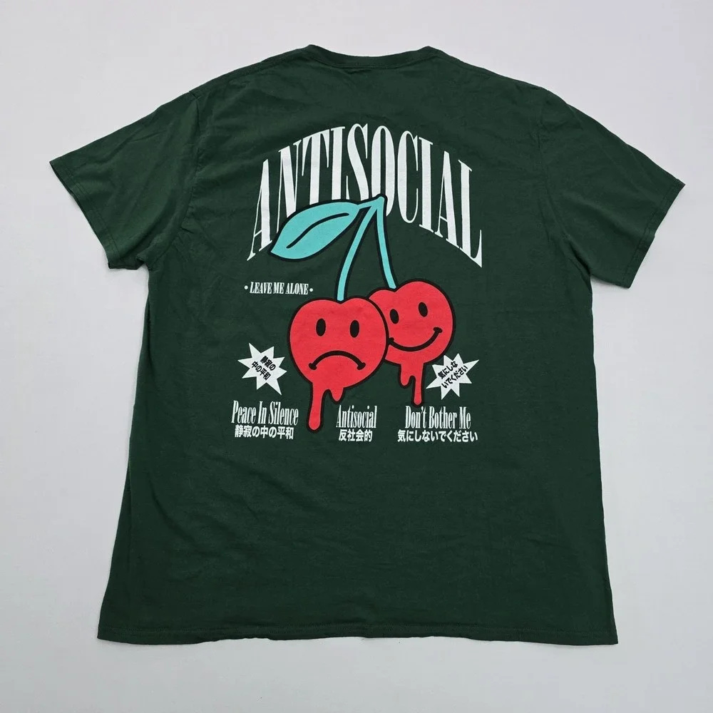 Eighty Eight Brand Mens Antisocial Cherry Graphic T-Shirt Green 2XL Streetwear